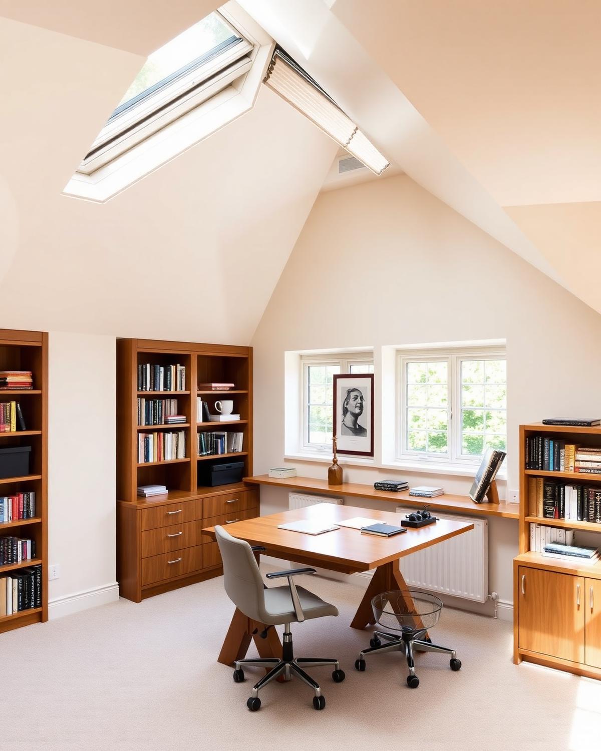 Loft home office with desk, shelving and roof light